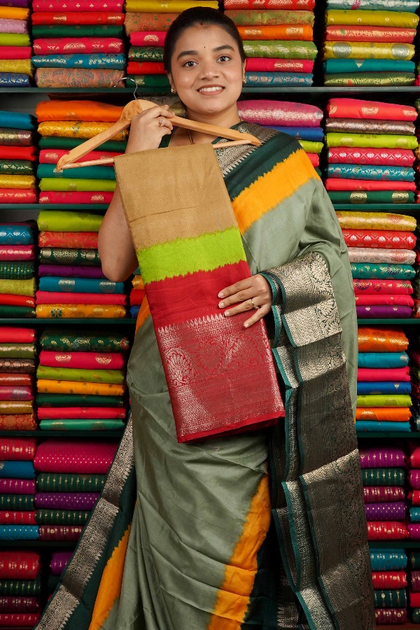 Semi Dola Silk Kanchi  Border Dark Cream And Yellow And Red Mix Saree
