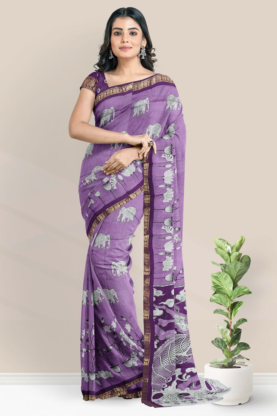 Semi Mangalagiri Silk Pichwai Digital Print Dark Lavender With Purple Saree