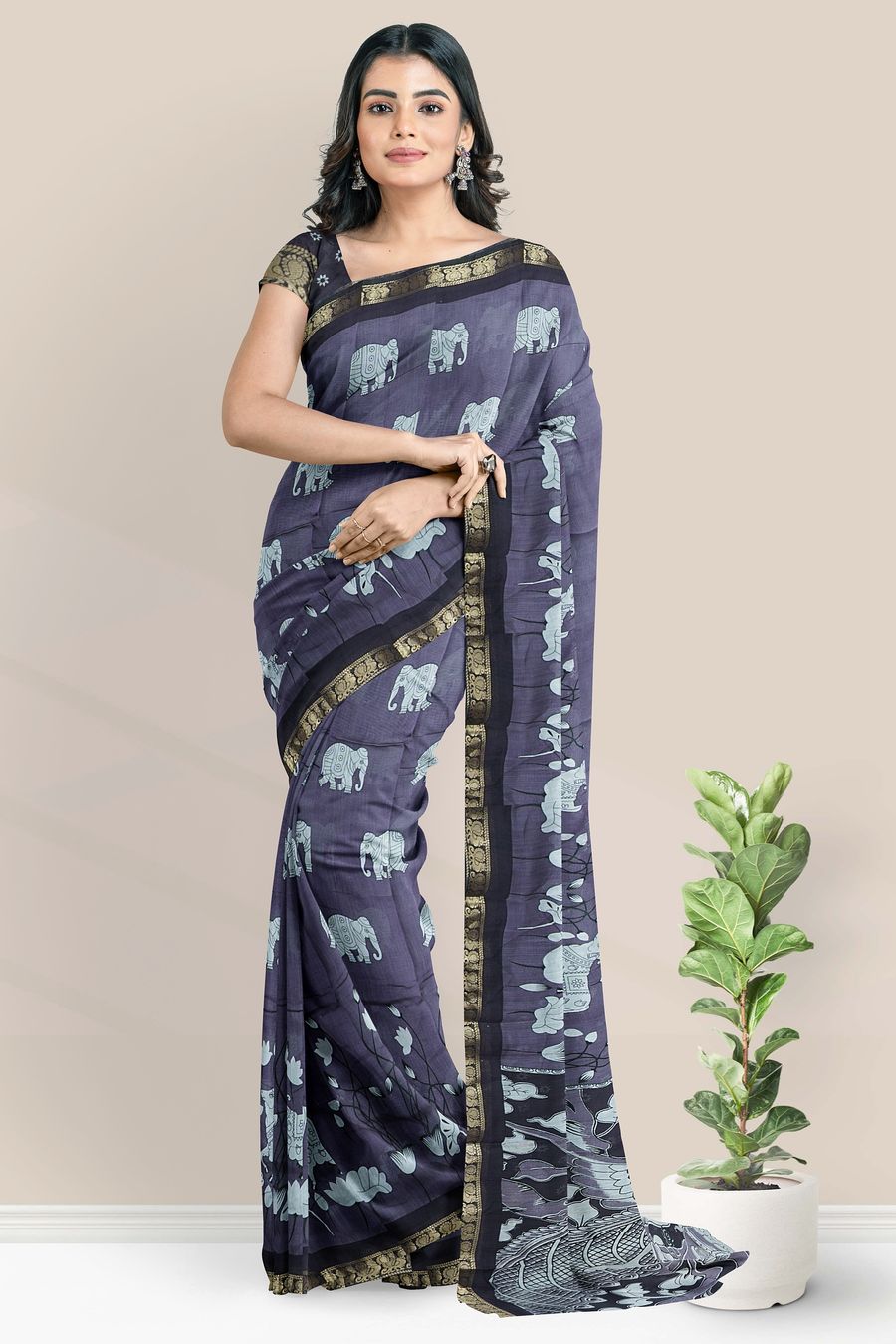Semi Mangalagiri Silk Pichwai Digital Print Grap With Black Saree
