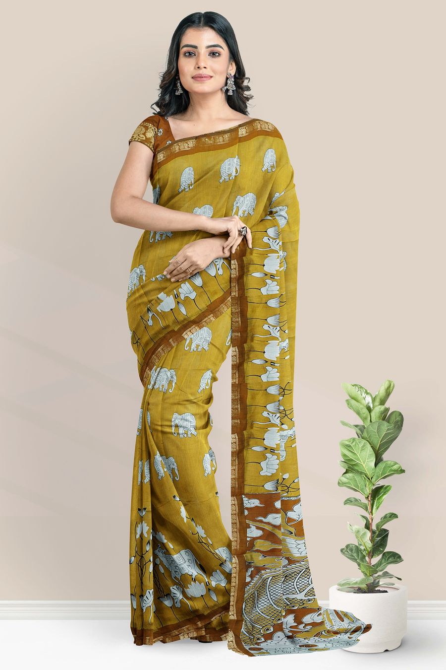 Semi Mangalagiri Silk Pichwai Digital Print Mustard Yellow Saree