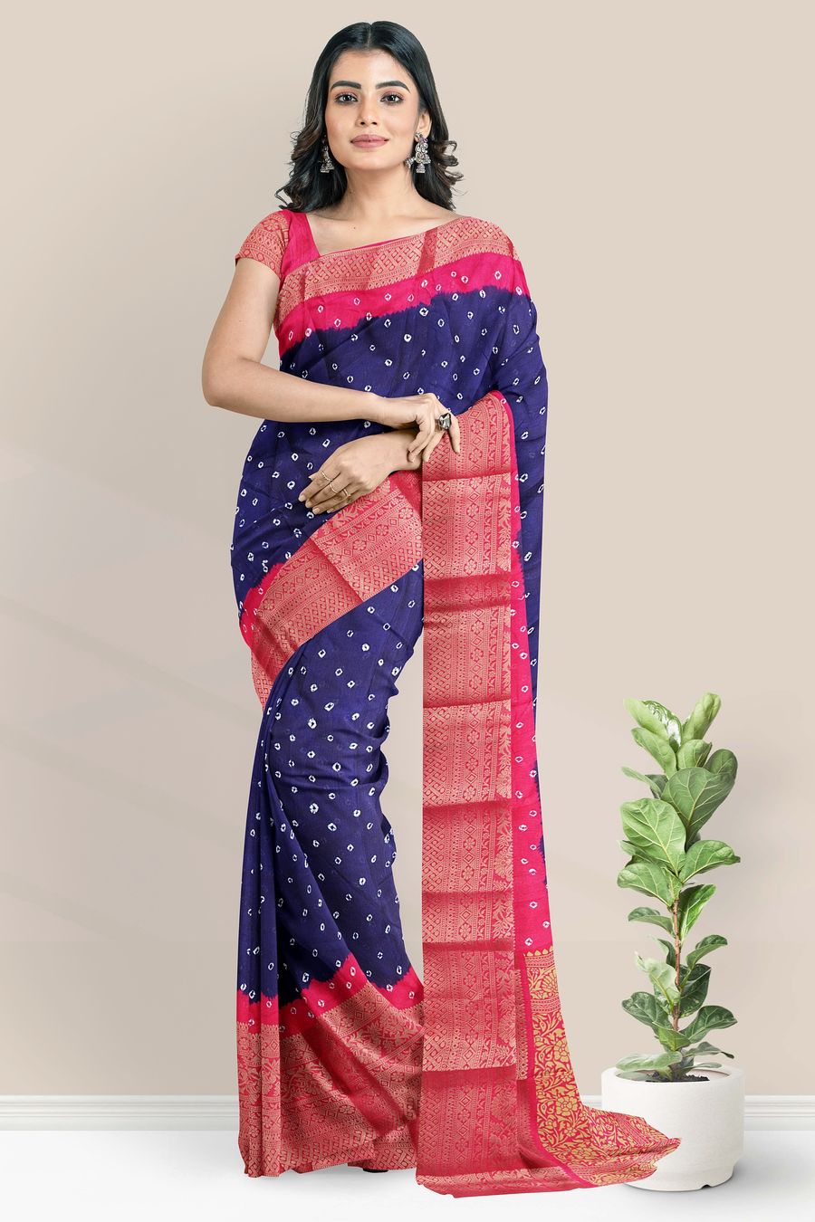 Jute Silk Gold Zari Bandini Print Dark Navy Blue With Pink Saree