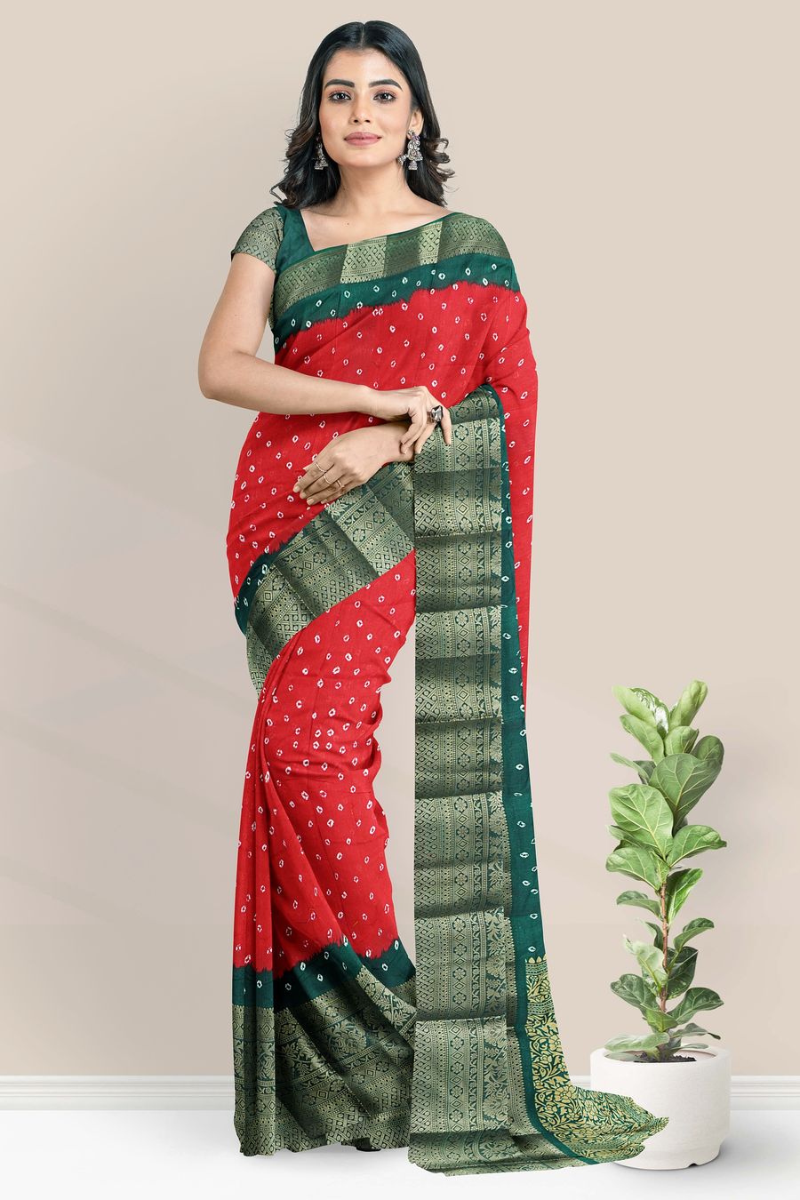 Jute Silk Gold Zari Bandini Print Red With Dark Green Saree