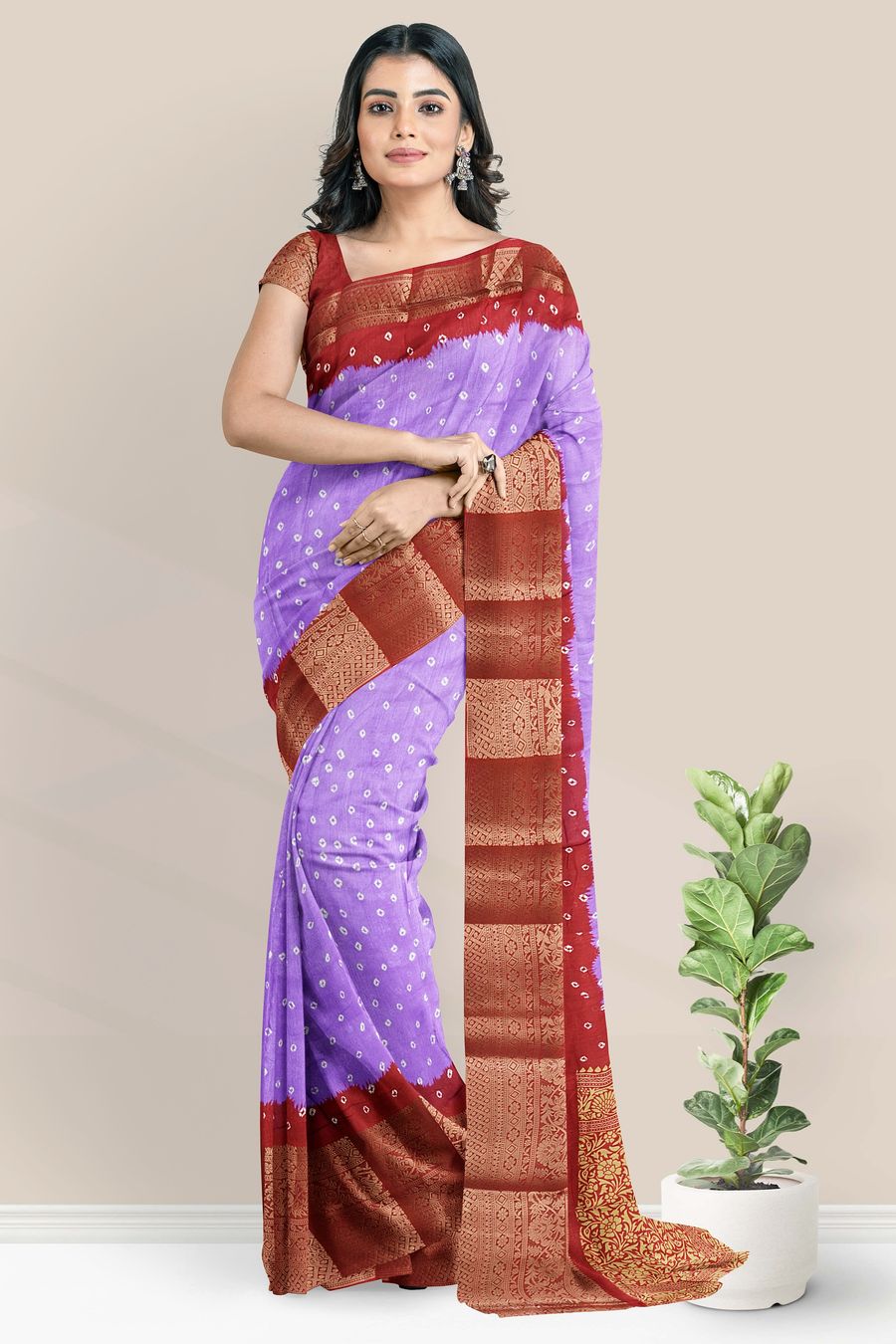 Jute Silk Gold Zari Bandini Print Lavender With Dark Maroon Saree