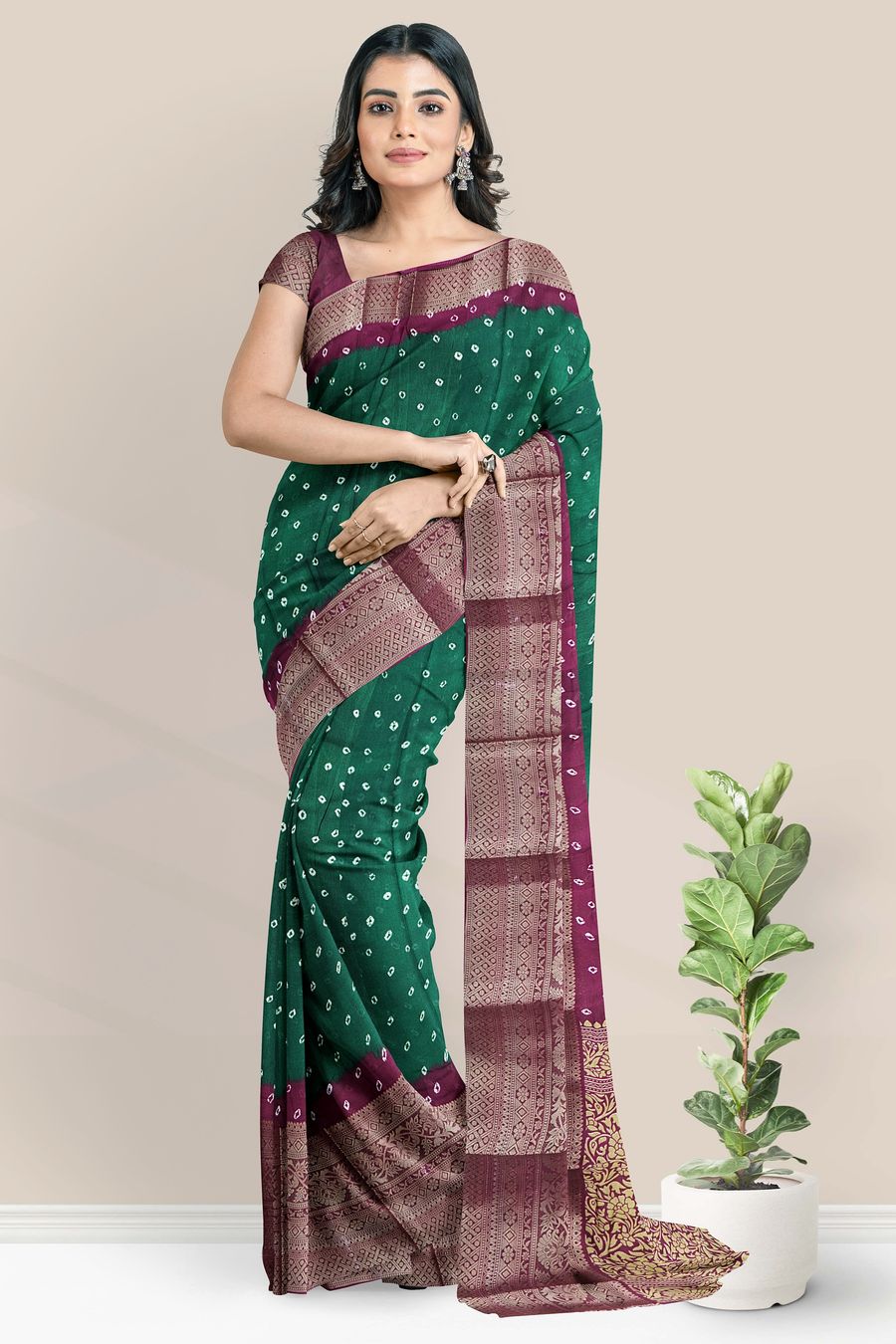 Jute Silk Gold Zari Bandini Print Dark Green With Magenta Pink Saree