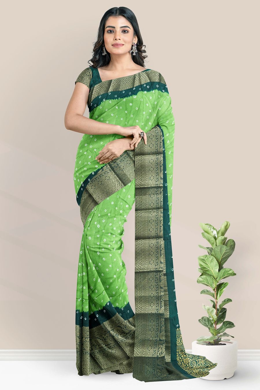 Jute Silk Gold Zari Bandini Print Light Pattor Green With Dark Green Saree