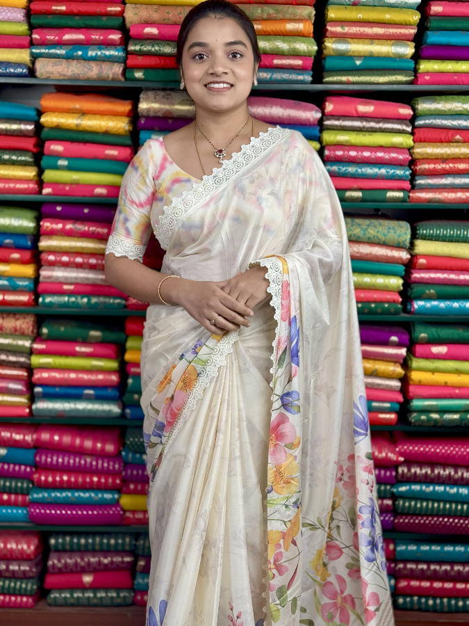 Chiffon Crepe Digital Print With Lace Border Cream Sarees