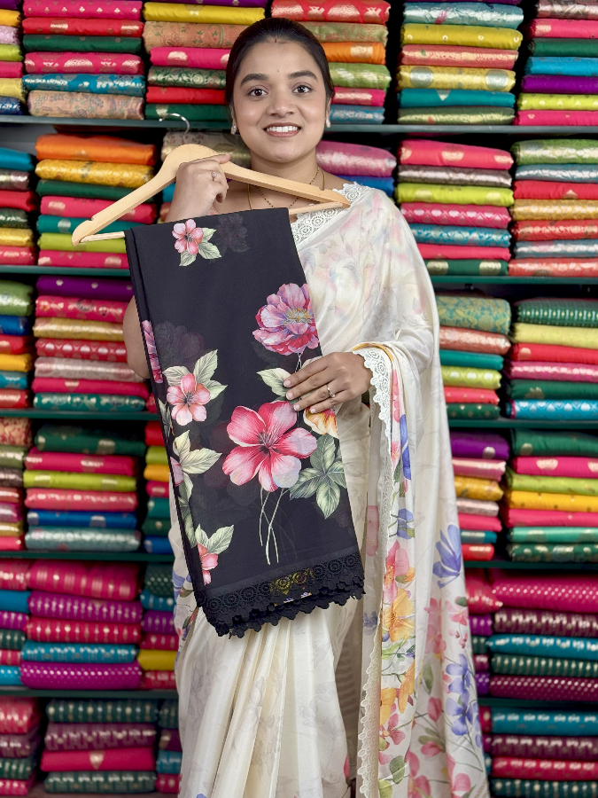 Chiffon Crepe Digital Print With Lace Border Black Sarees