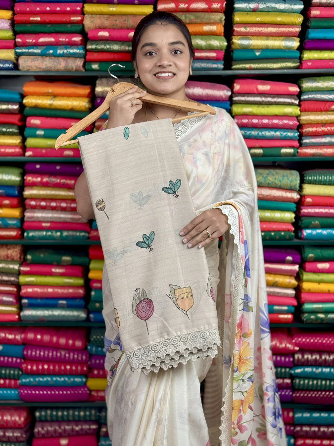 Chiffon Crepe Digital Print With Lace Border Dark Cream Sarees