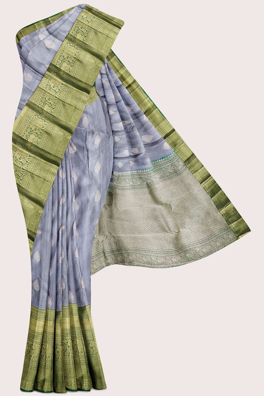 Light Weight Kanchi Pattu Ash With Dark Green Saree