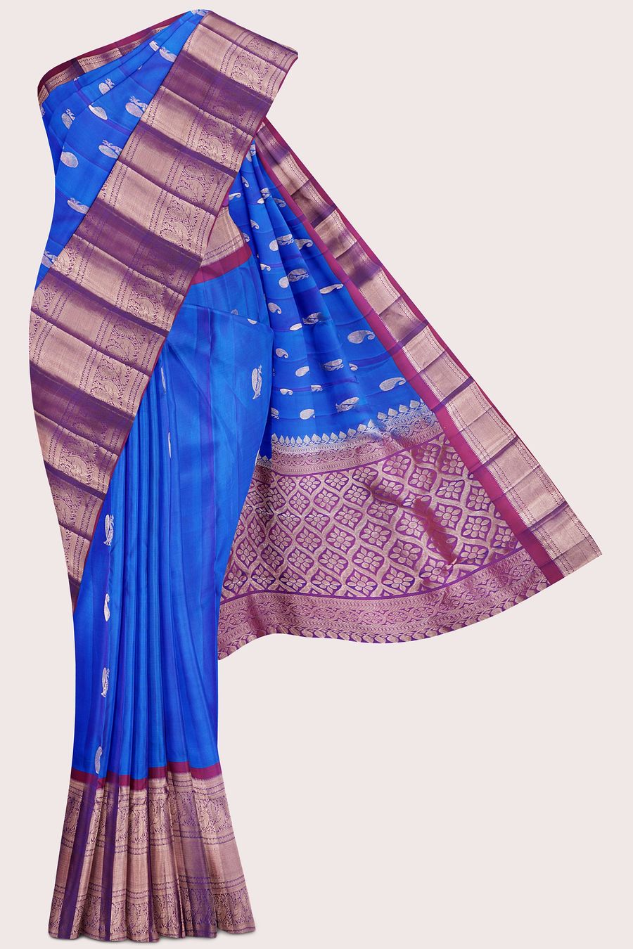 Light Weight Kanchi Pattu Coppersulphate Blue With Pink And Red Mix Saree