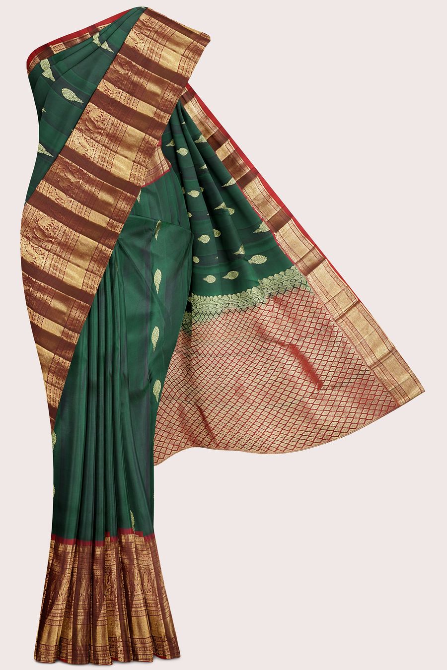 Light Weight Kanchi Pattu Dark Green With Red Saree