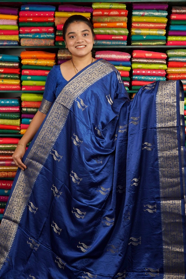 Russian Georgette Zari Butti Dark  Blue Saree