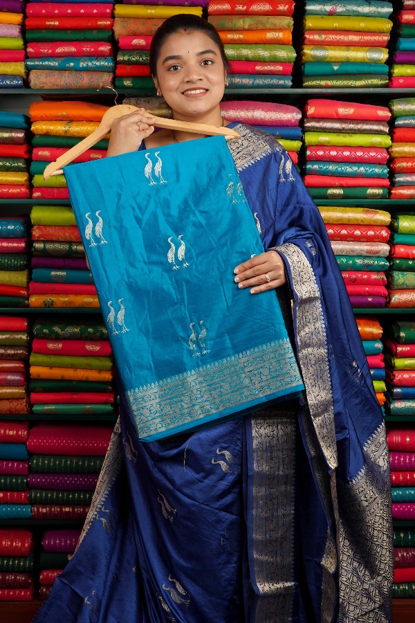 Russian Georgette Zari Butti Dark Coppersulphate  Blue Saree