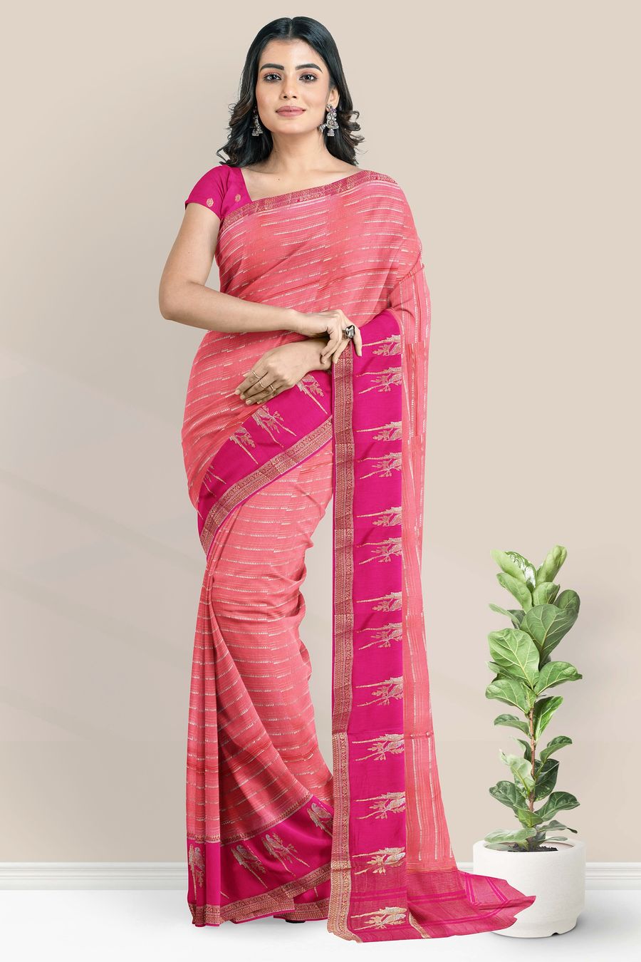 Banaras Georgette Gold Zari Weaving Lines Peach Pink With Rani Pink Saree