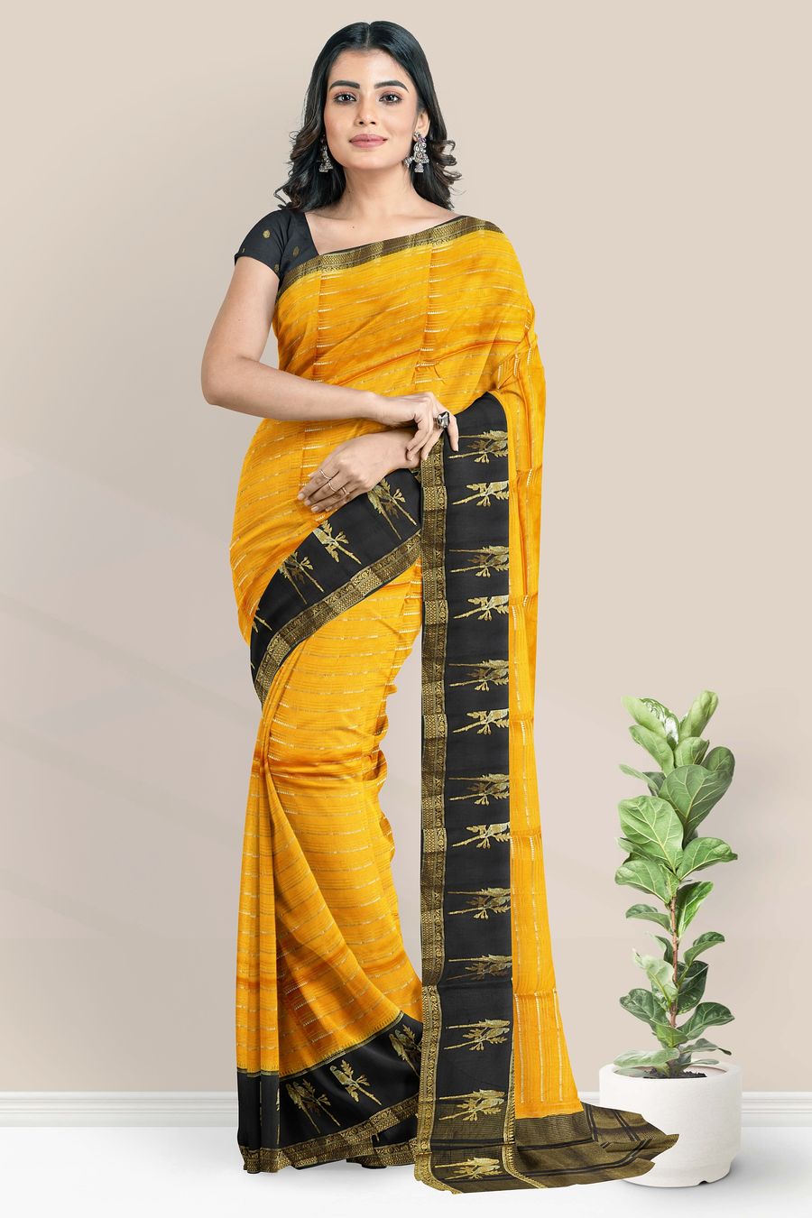 Banaras Georgette Gold Zari Weaving Lines Mustard Yellow With Black Saree