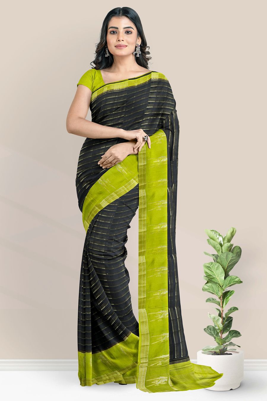 Banaras Georgette Gold Zari Weaving Lines Black With Mehandi Green Saree