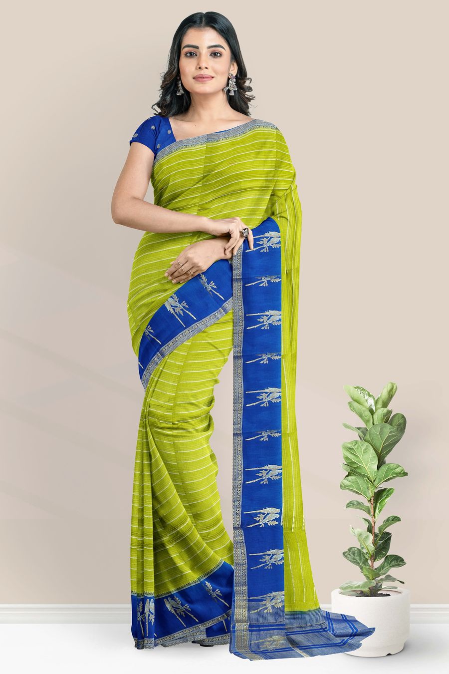 Banaras Georgette Gold Zari Weaving Lines Mehandi Green With Blue Saree