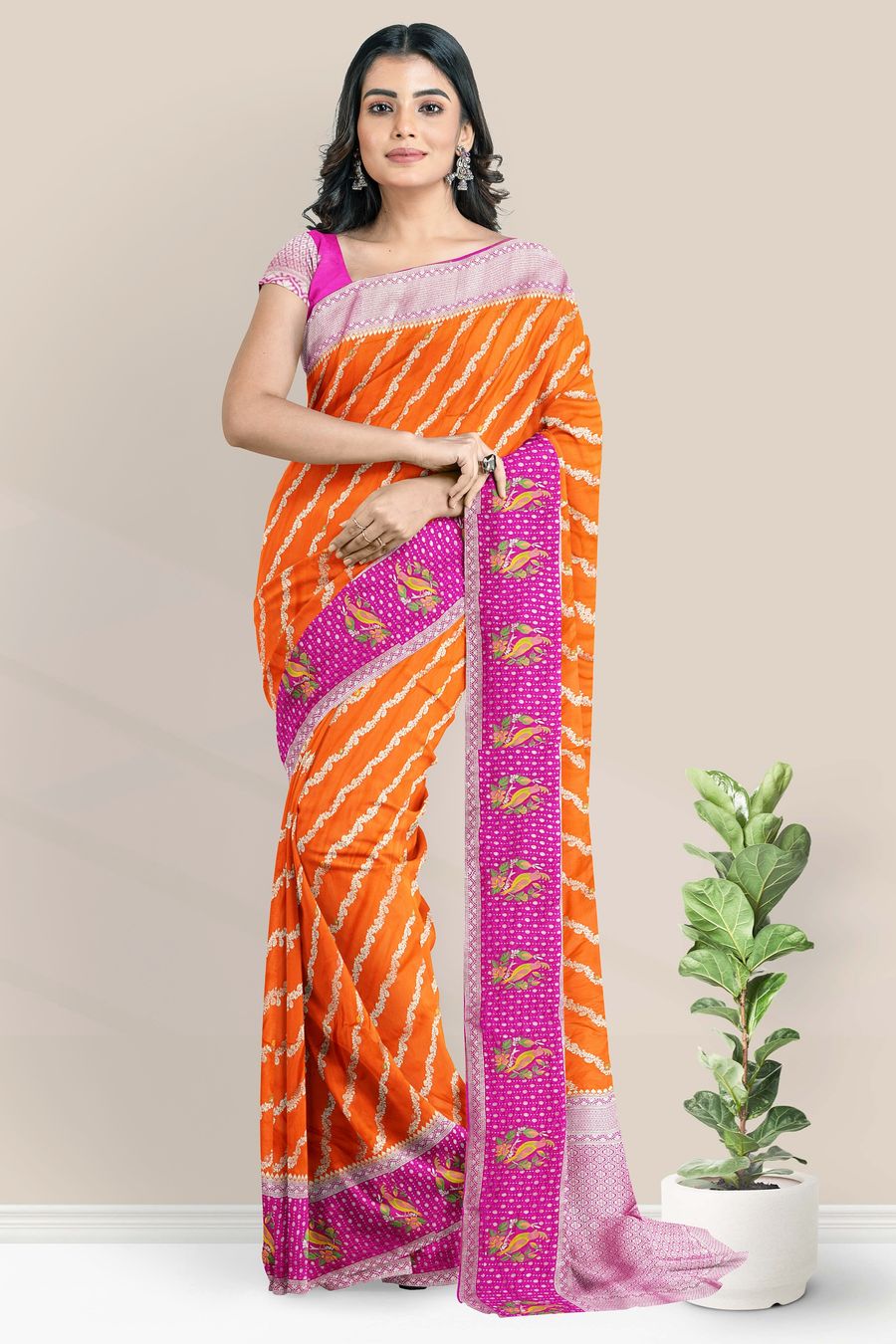 Banaras Chinon Crepe Lahariya Design Orange With Pink Saree