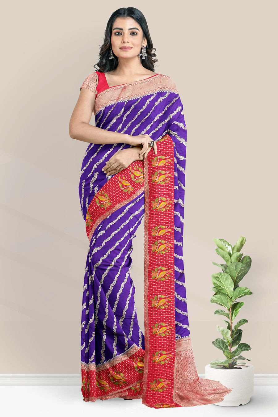 Banaras Chinon Crepe Lahariya Design Purple With Pink Saree