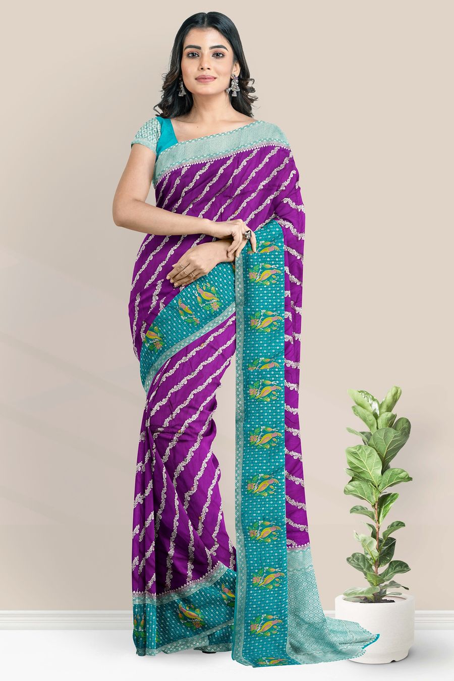Banaras Chinon Crepe Lahariya Design Magenta Pink With Rama Green Saree