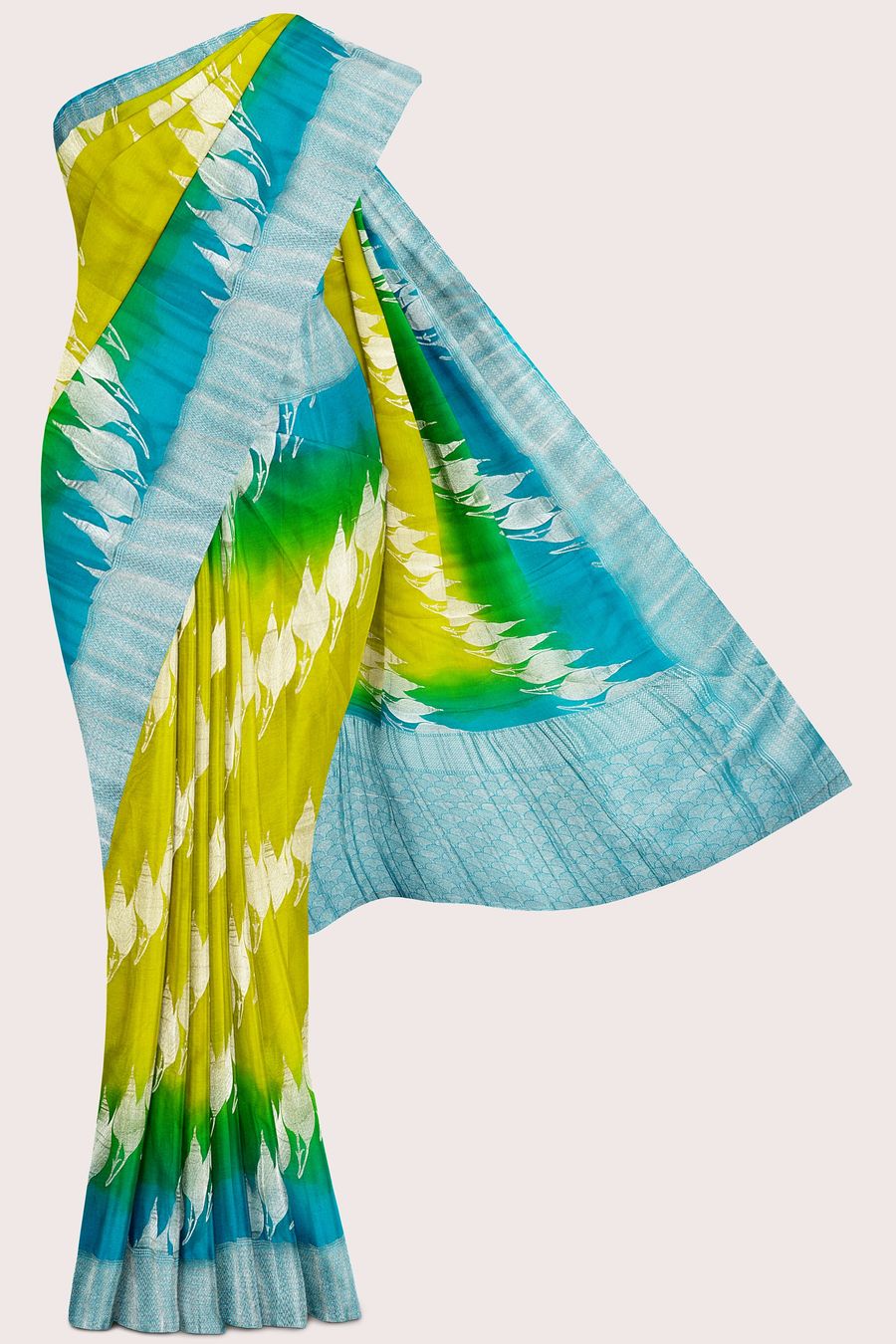Banaras Georgette Tie And Die Yellow And Green With Blue Saree