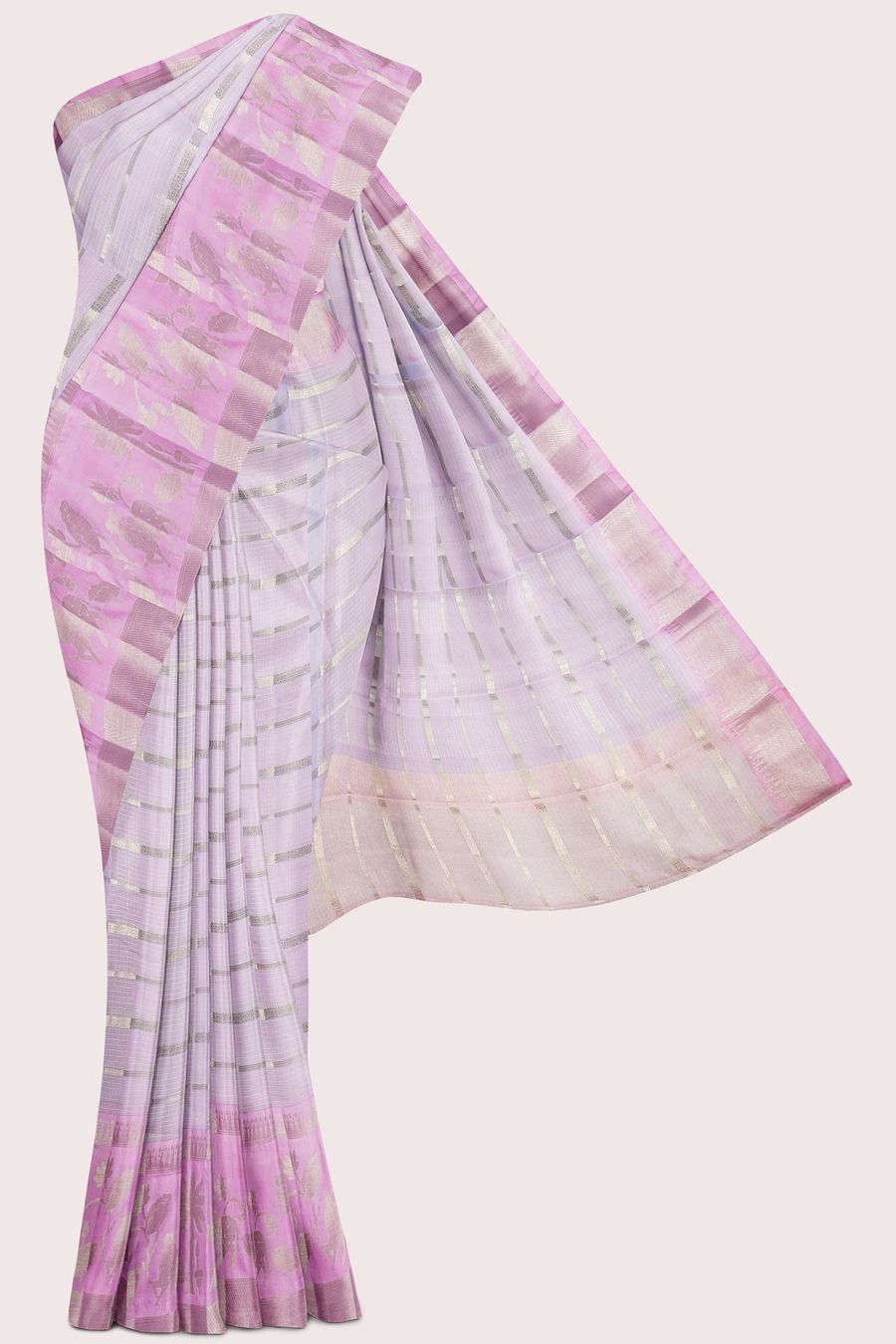 Silk Kota Gold Zari Brocade Lines Light Lavender With Baby Pink Saree