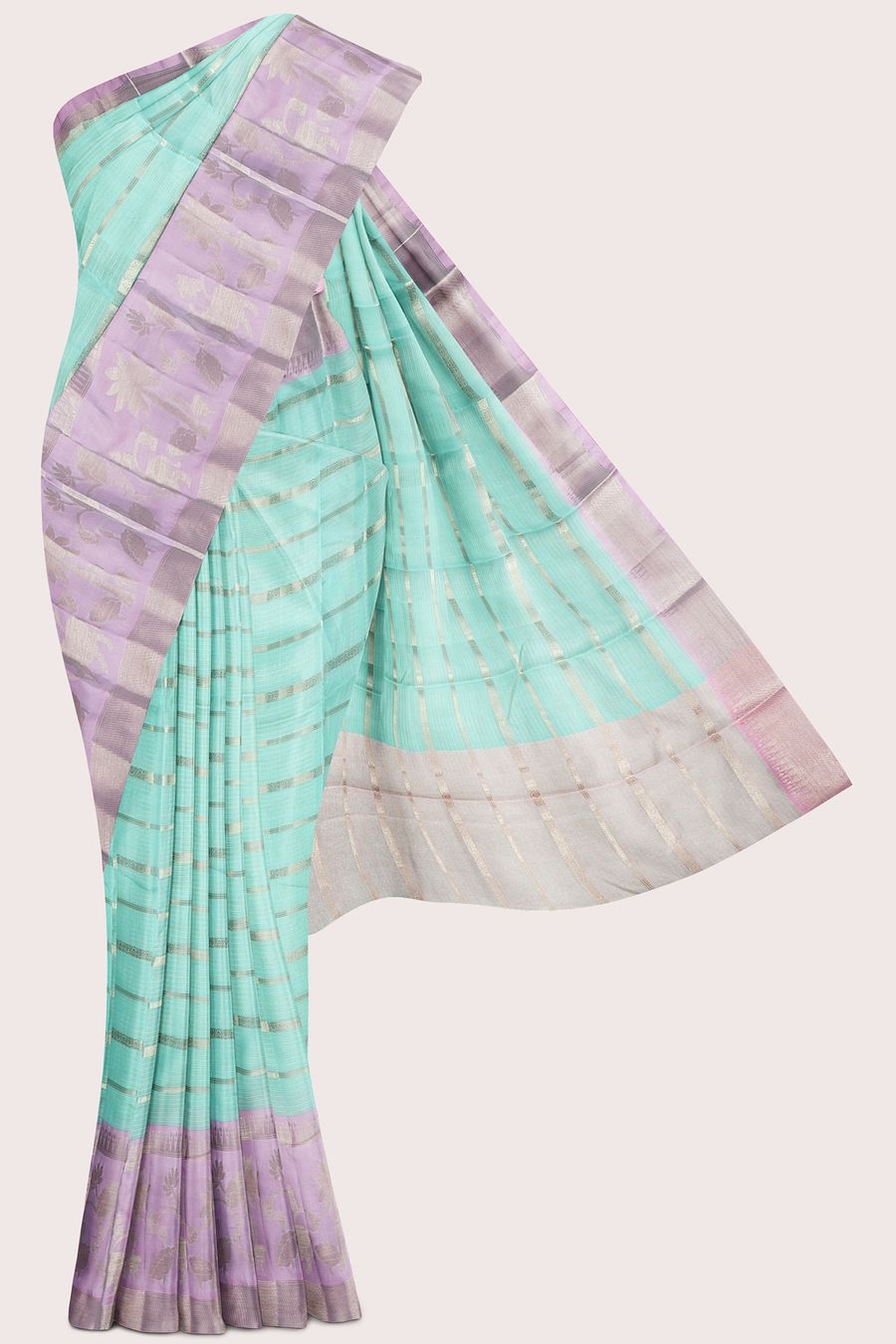 Silk Kota Gold Zari Brocade Lines Sea Green With Pink Saree