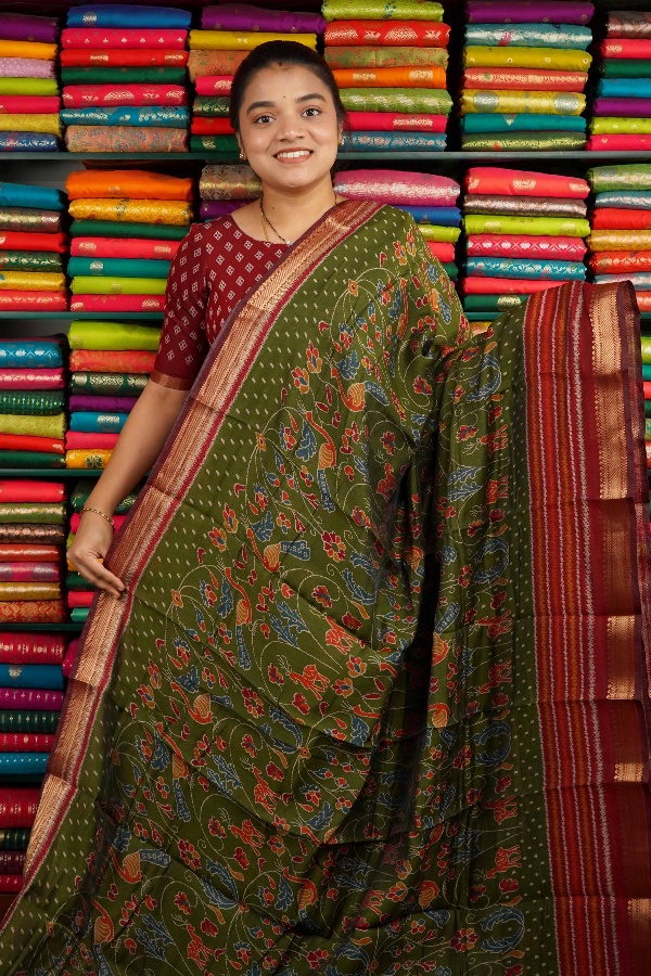 Semi Mangalagiri Kalamkari Print Green And Maroon Saree