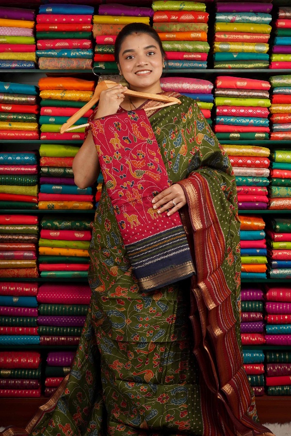 Semi Mangalagiri Kalamkari Print Pink And Dark Navy Blue Saree