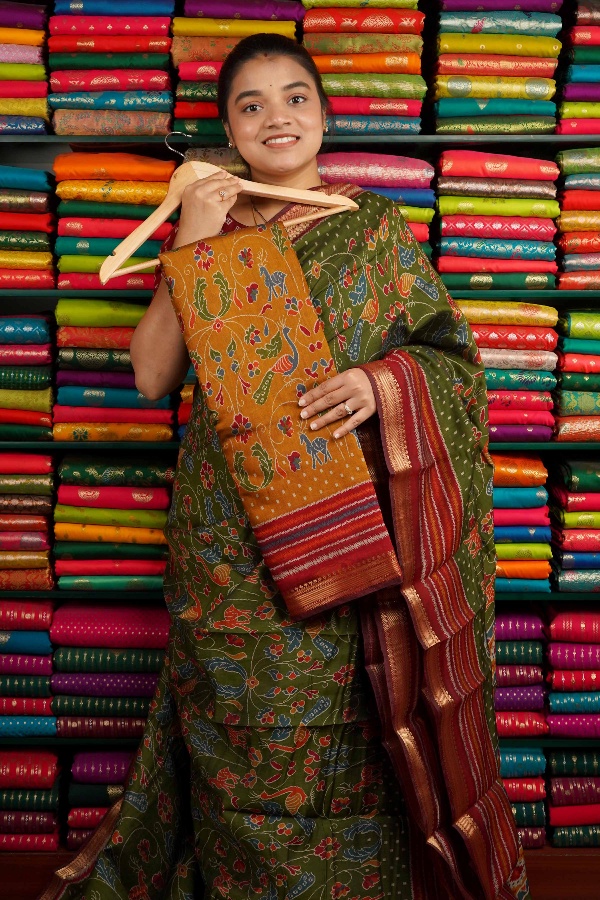 Semi Mangalagiri Kalamkari Print Yellow And Maroon Saree