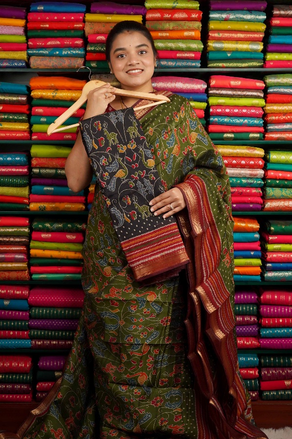 Semi Mangalagiri Kalamkari Print Black And Dark Maroon Saree