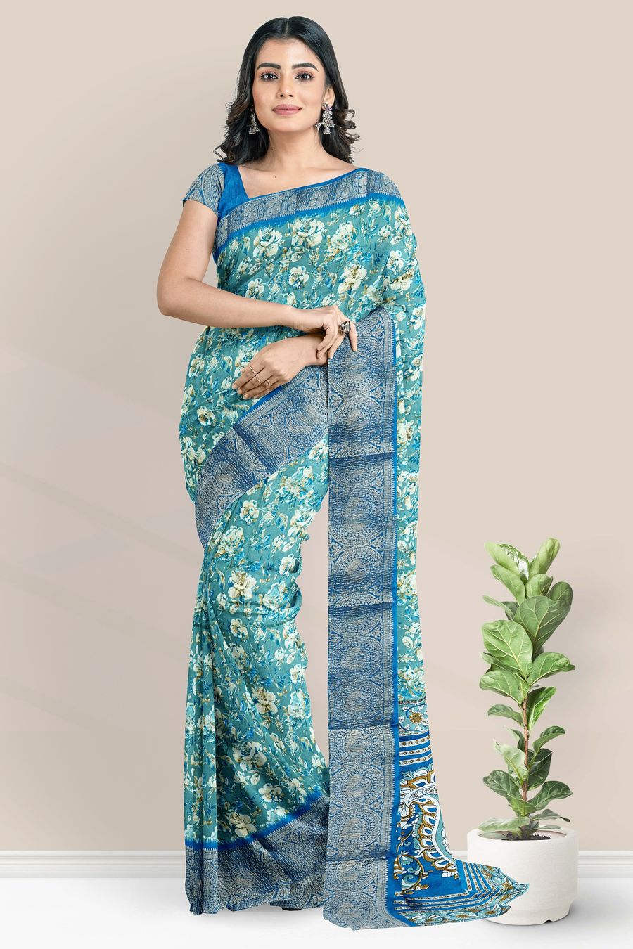 Soft Crushed Silk Floral Digital Print Teal Green With Blue Saree