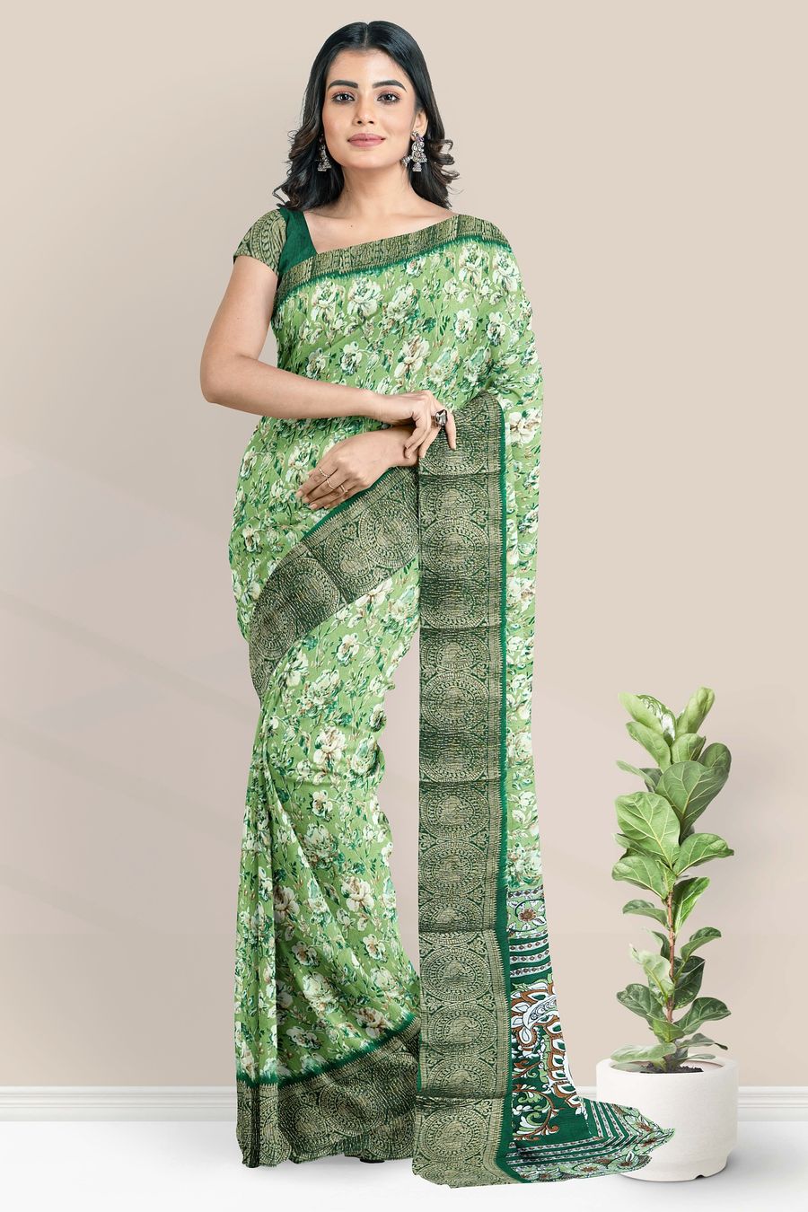 Soft Crushed Silk Floral Digital Print Parrot Green With Green Saree