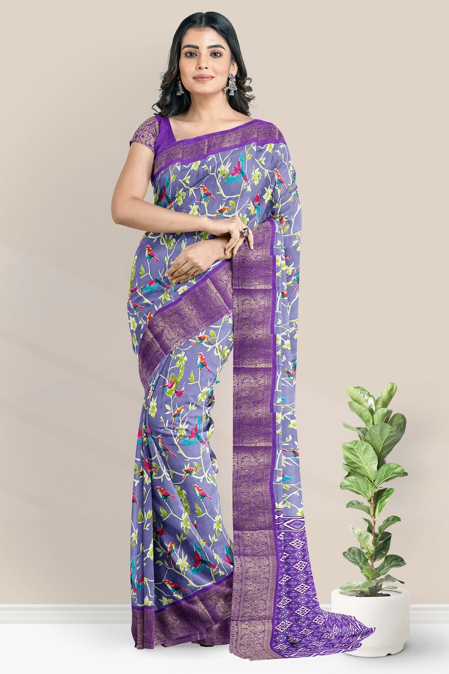 Soft Crushed Silk Floral And Brids Design Lavender With Purple Saree