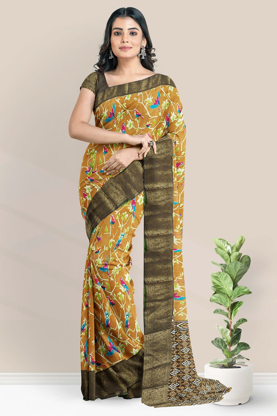 Soft Crushed Silk Floral And Brids Design Brick Red With Brown Saree