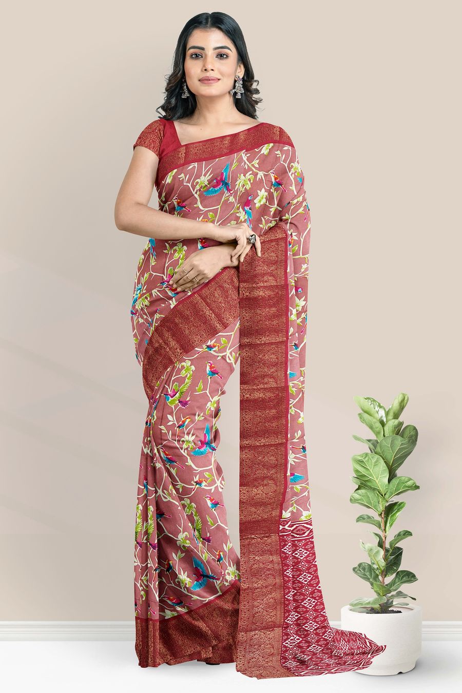 Soft Crushed Silk Floral And Brids Design Peach Pink With Pink Saree