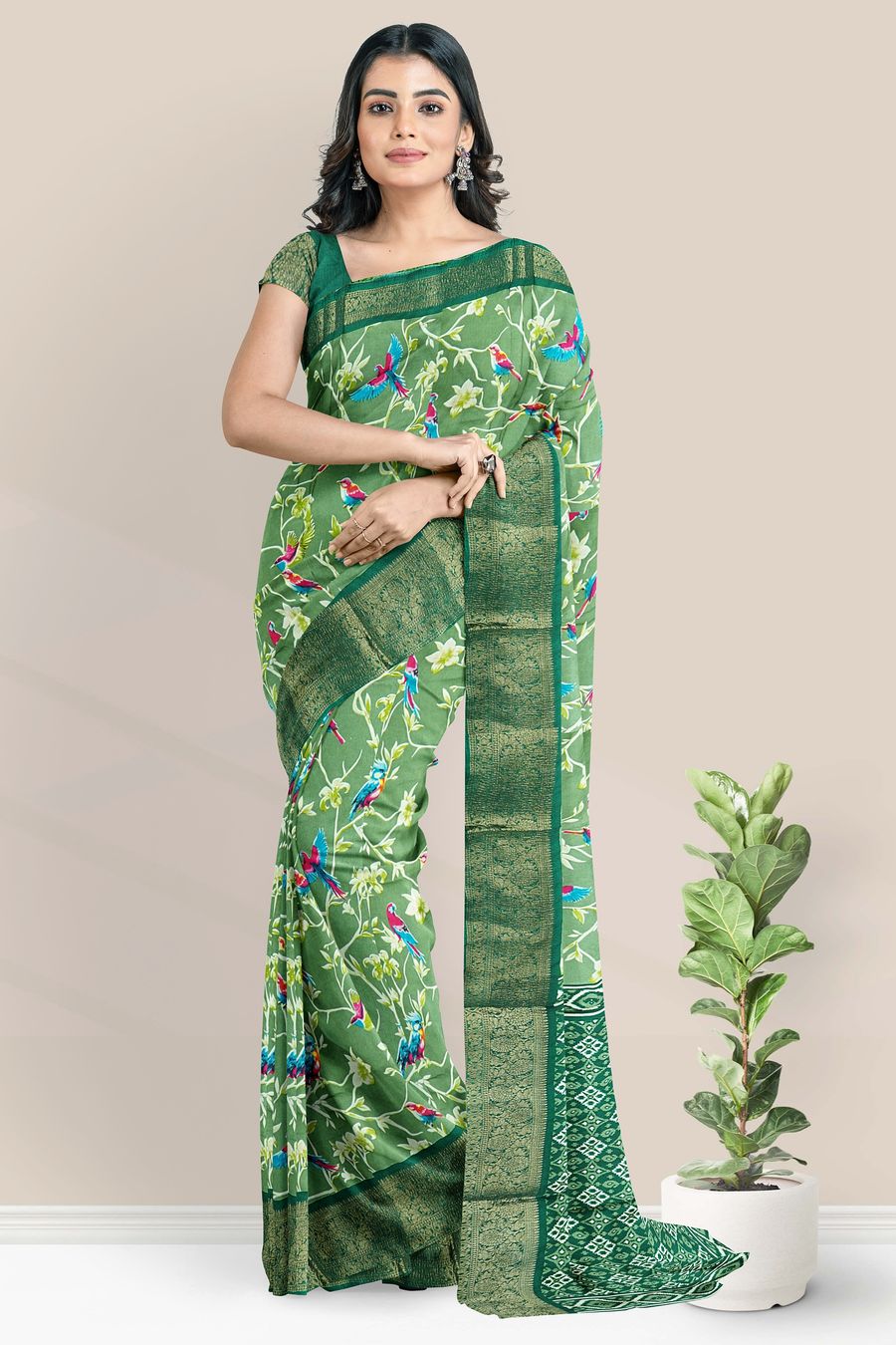 Soft Crushed Silk Floral And Brids Design Light Green With Bottle Green Saree