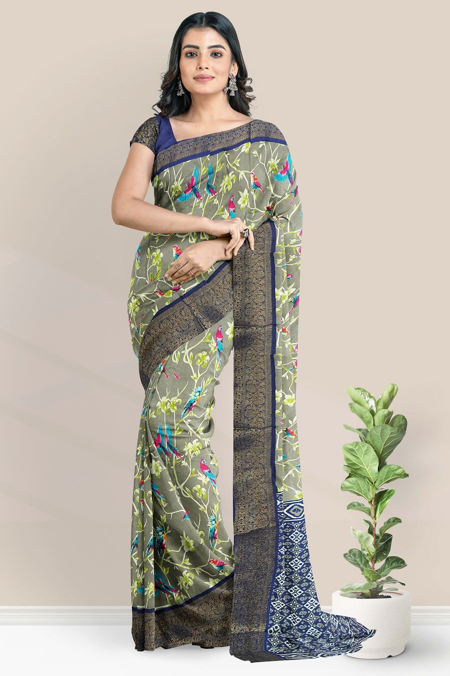 Soft Crushed Silk Floral And Brids Design Ash With Dark Navy Blue Saree