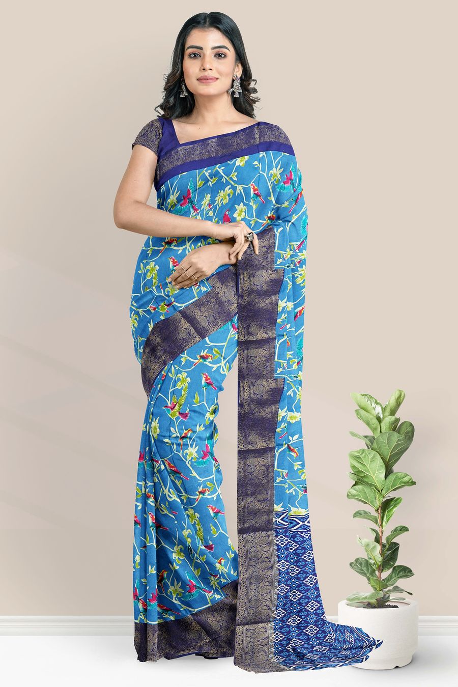 Soft Crushed Silk Floral And Brids Design Light Blue With NAVY Blue Saree