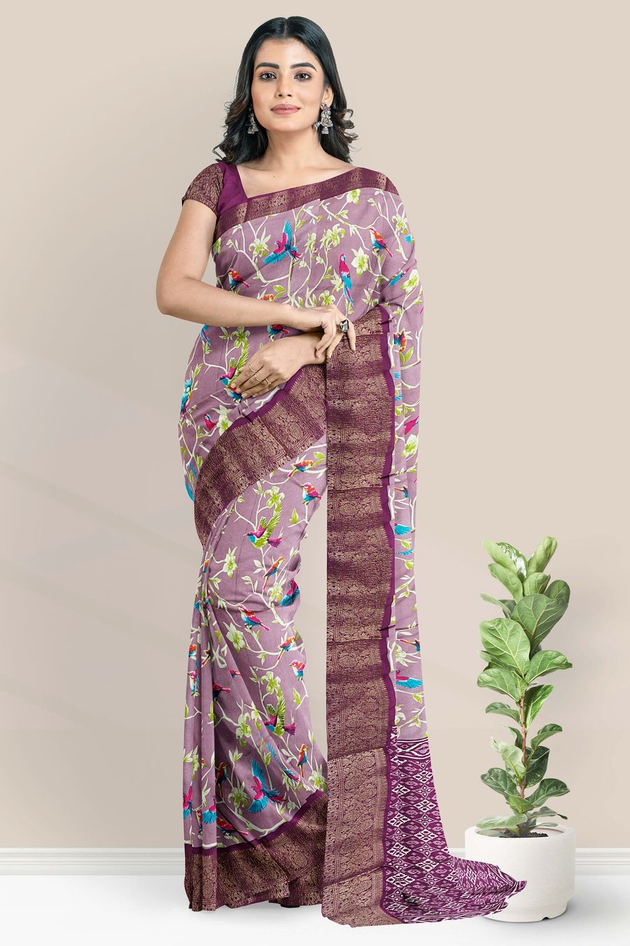 Soft Crushed Silk Floral And Brids Design Magenta Pink With Pink Saree