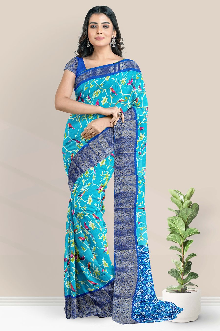Soft Crushed Silk Floral And Brids Design Sea Green With Royal Blue Saree