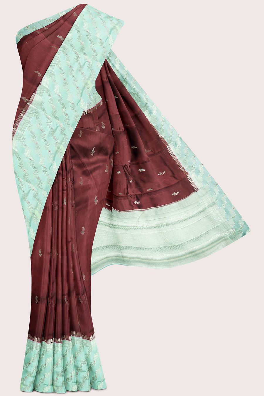 Raw Mango Silk Meena Work Butti Chocolate Brown With Teal Green Saree