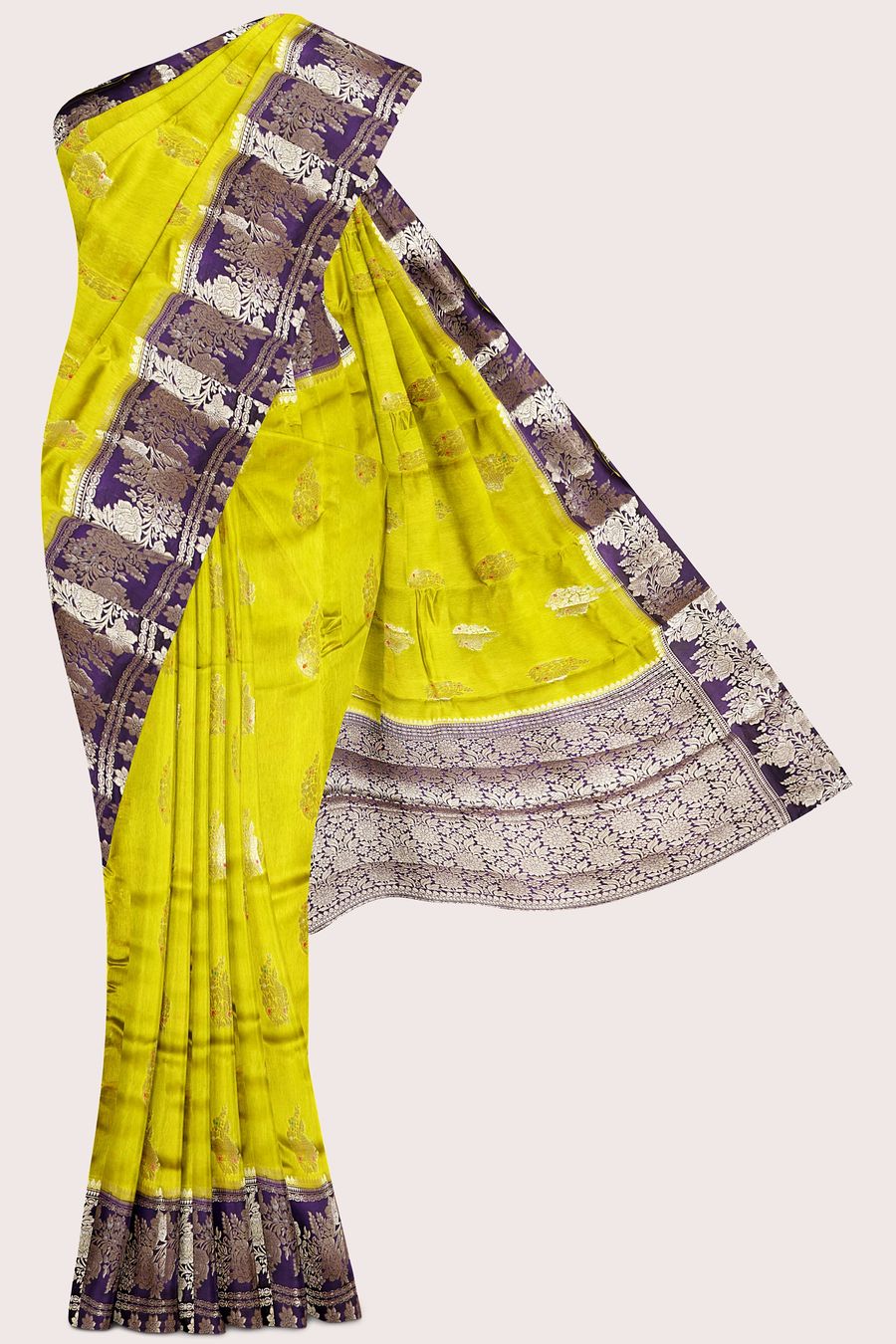 Raw Mango Silk Meena Work Butti Pesara Green With Purple Saree