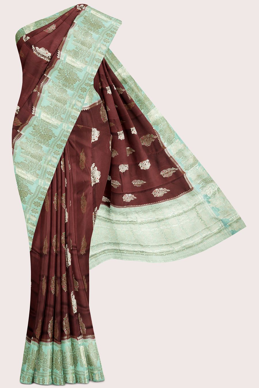 Raw Mango Silk Meena Work Butti Chocolate Brown With Teal Green Saree