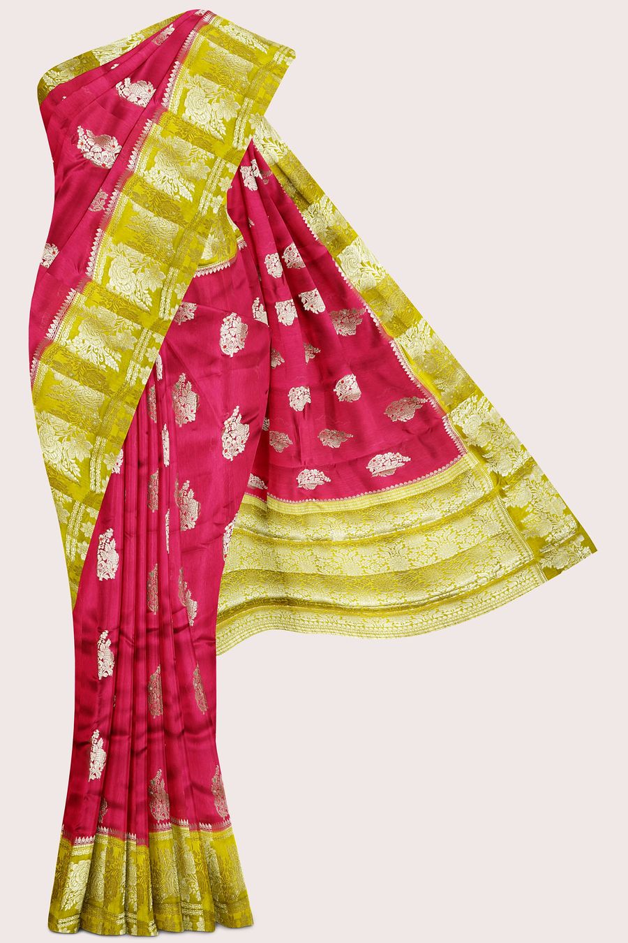 Raw Mango Silk Meena Work Butti Bright Pink With Pesara Green Saree