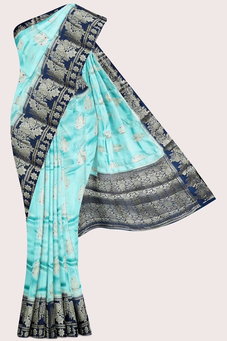 Raw Mango Silk Meena Work Butti Sea Green With Peacock Blue Saree