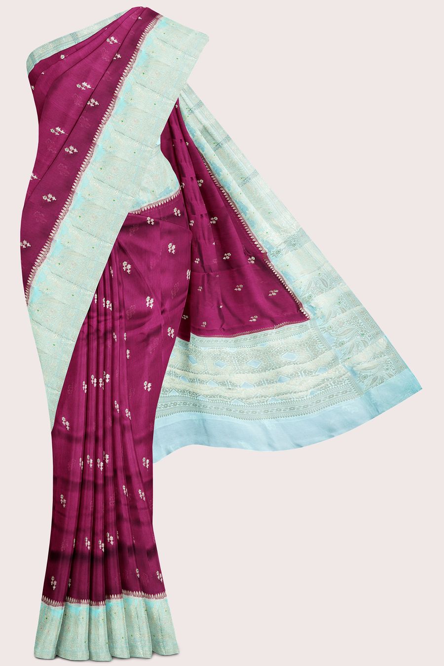 Raw Mango Silk Meena Work Butti Magenta Pink With Light Sky Blue Saree