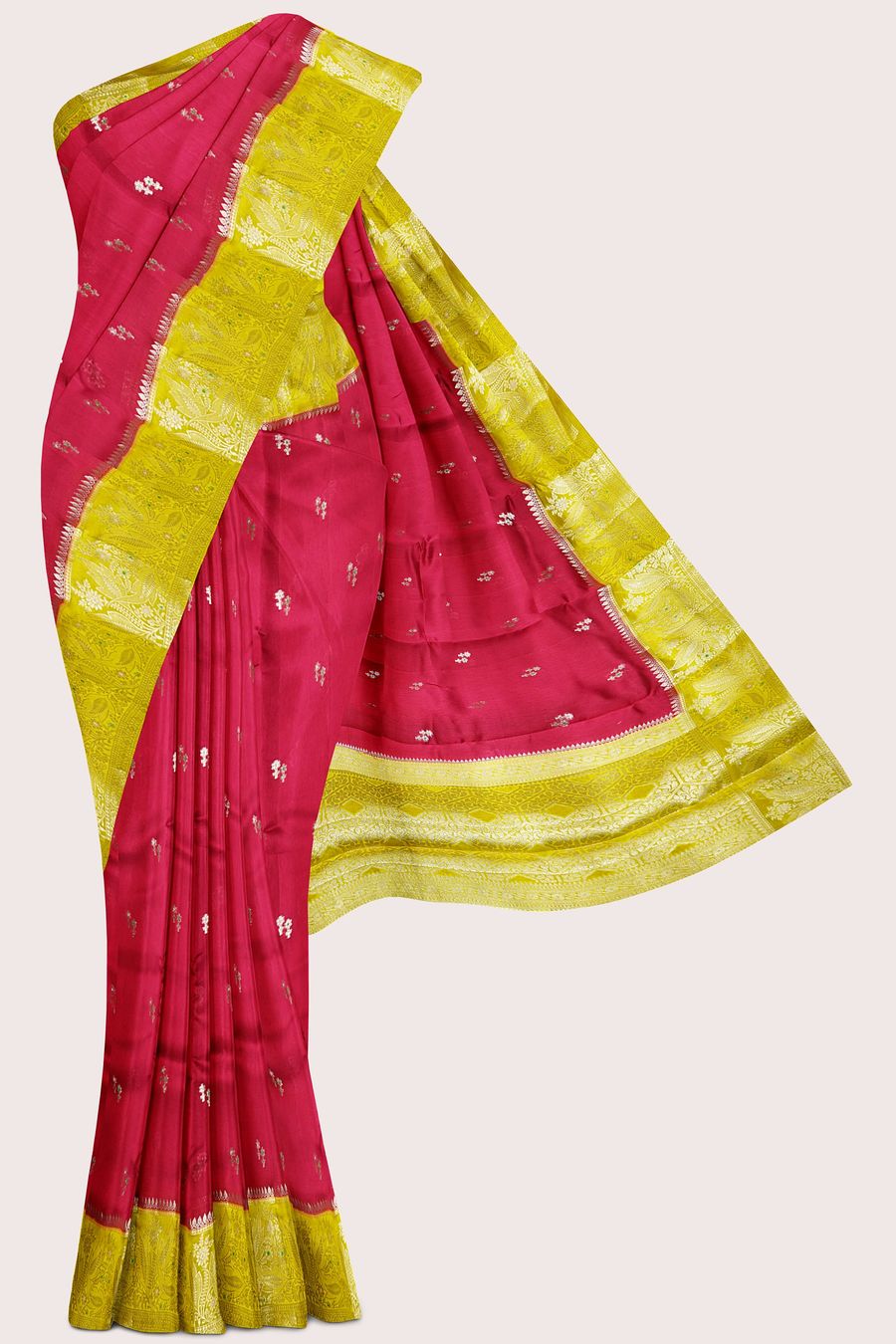 Raw Mango Silk Meena Work Butti Pink With Golden Yellow Mix Green Saree