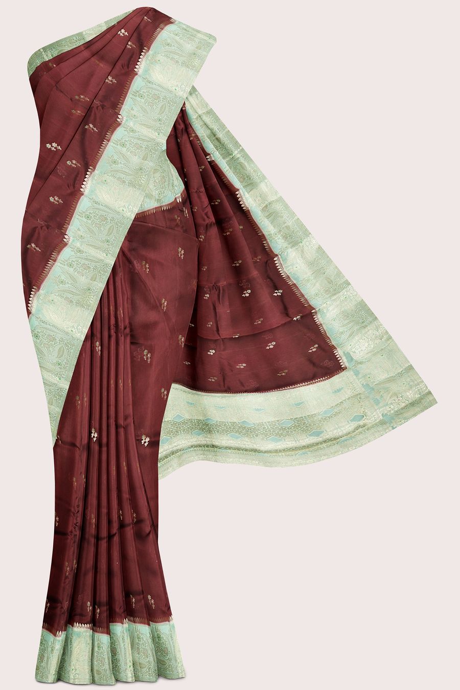 Raw Mango Silk Meena Work Butti Chocolate Brown With Teal Green Saree