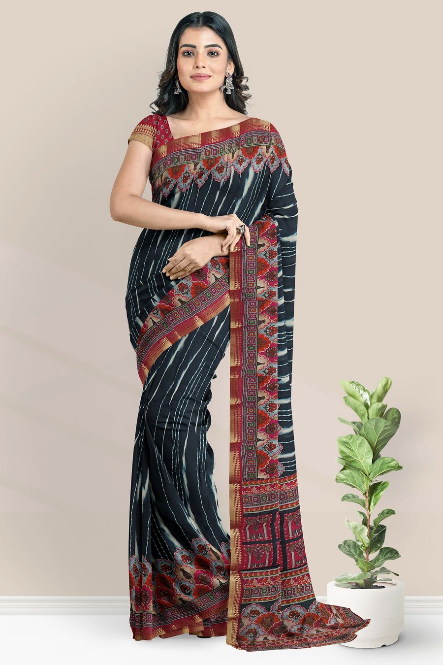 Cotton And Silk Shibori Design Black With Pink Saree